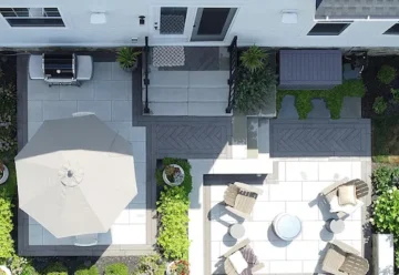 Two patio sections connected with a walkway